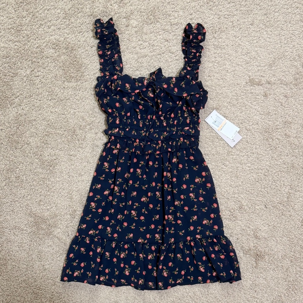 Navy Blue Ruffled Floral Dress